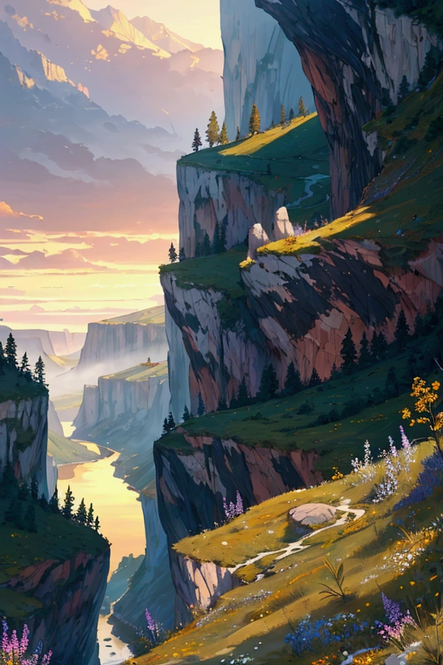 A breathtaking ultra-high-definition 4K digital painting capturing a stunning panoramic view from the edge of a towering cliff, overlooking a lush, serene valley below. The cliff is adorned with wildflowers and rugged, weathered rocks, adding texture and depth to the scene. Far below, a crystal-clear river winds through the valley, reflecting the golden hues of the setting sun. Majestic mountains rise in the distance, their peaks shrouded in a soft, ethereal mist. The sky above is a gradient of warm colors, transitioning from deep orange to soft lavender, with wispy clouds drifting lazily across the horizon. The entire landscape is bathed in the gentle glow of twilight, creating a peaceful and awe-inspiring atmosphere. Every detail is meticulously rendered, from the delicate petals of the wildflowers to the intricate patterns in the river below, making the painting a vibrant celebration of nature’s beauty as seen from this breathtaking vantage point.