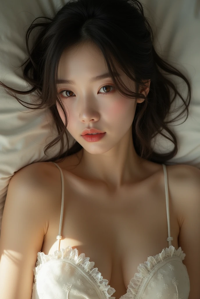 in the bedroom(A woman with a flat nose３２K,Highly detailed,Highly detaileds,high resolution,high density,alone,：1.6）,（realistic people々,Live Performance,ทำความคุ้นKย目,high resolutionの目,good eyes,Eyes that are similar to theirs&#39;Alive,Beautiful like a Chinese star
,Fishing Eye,Lip profile,White and bright skin,realistic detailed face：1.3）,（Japan ID card,Korean idol,Japanese model,Korean model：1.2. Sleeping without wearing underwear on the assistant, the entire body