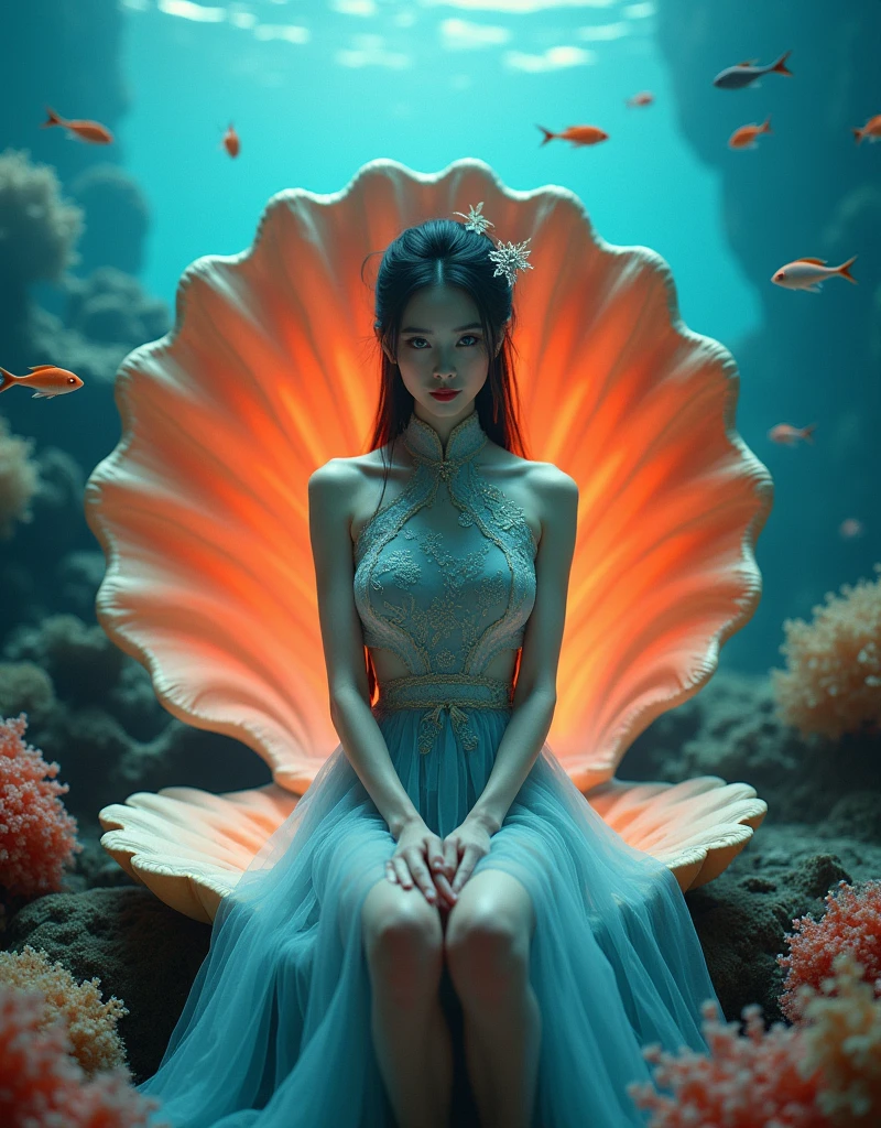 close up of A beautiful woman, dressed in short cheongsam, beautiful decoration and fine grain, black hair, updo hair, hair pin on the head, blue eyes, sitting underwater on a huge scallop surrounded by colored coral, the inner wall of the scallop is colored, like a throne, and there are fish swimming around her, this picture is a realistic photo, with super detail, With cinematic lighting and cinematography, it depicts the entire body of an Asian girl, shot from a wide Angle