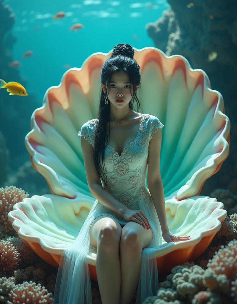 close up of A beautiful woman, dressed in short cheongsam, beautiful decoration and fine grain, black hair, updo hair, hair pin on the head, blue eyes, sitting underwater on a huge scallop surrounded by colored coral, the inner wall of the scallop is colored, like a throne, and there are fish swimming around her, this picture is a realistic photo, with super detail, With cinematic lighting and cinematography, it depicts the entire body of an Asian girl, shot from a wide Angle