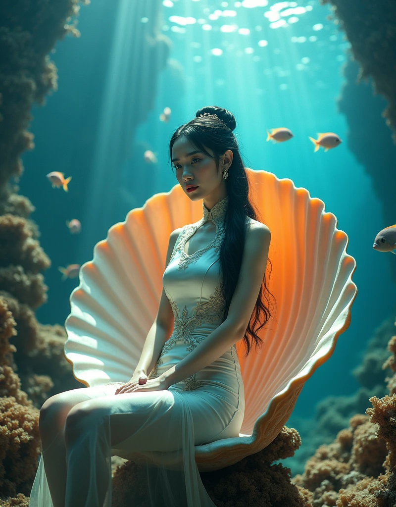 close up of A beautiful woman, dressed in short cheongsam, beautiful decoration and fine grain, black hair, updo hair, hair pin on the head, blue eyes, sitting underwater on a huge scallop surrounded by colored coral, the inner wall of the scallop is colored, like a throne, and there are fish swimming around her, this picture is a realistic photo, with super detail, With cinematic lighting and cinematography, it depicts the entire body of an Asian girl, shot from a wide Angle