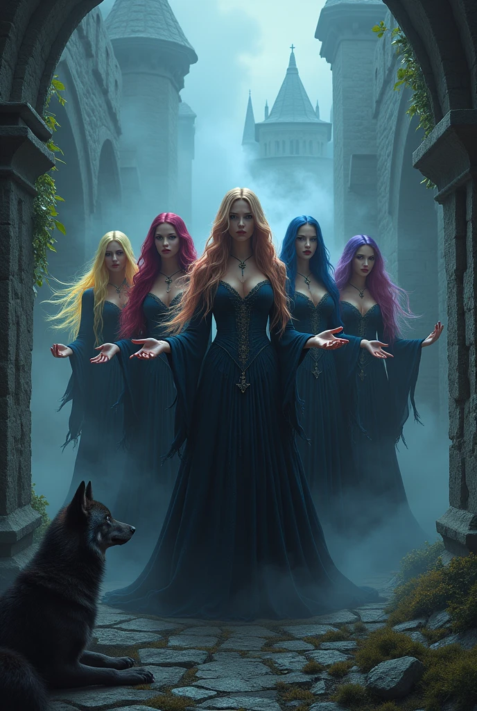 realistic group of 5 gothic sorceresses, ultra-sexy, colorful hair, casting spells, wolf at their feet, ruined castle, mist, (best quality,4k,8k,highres,masterpiece:1.2),ultra-detailed,(realistic,photorealistic,photo-realistic:1.37),dark fantasy,dramatic lighting,moody atmosphere,chiaroscuro,cinematic,intricate details,vivid colors,dramatic poses