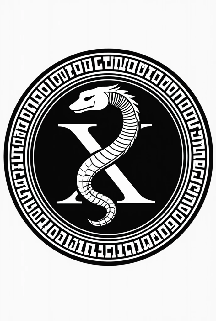 Um brasão preto e branco, redondo, da turma X, da faculdade de Medicina estácio de Sá - Città, com a cobra da medicina no meio.