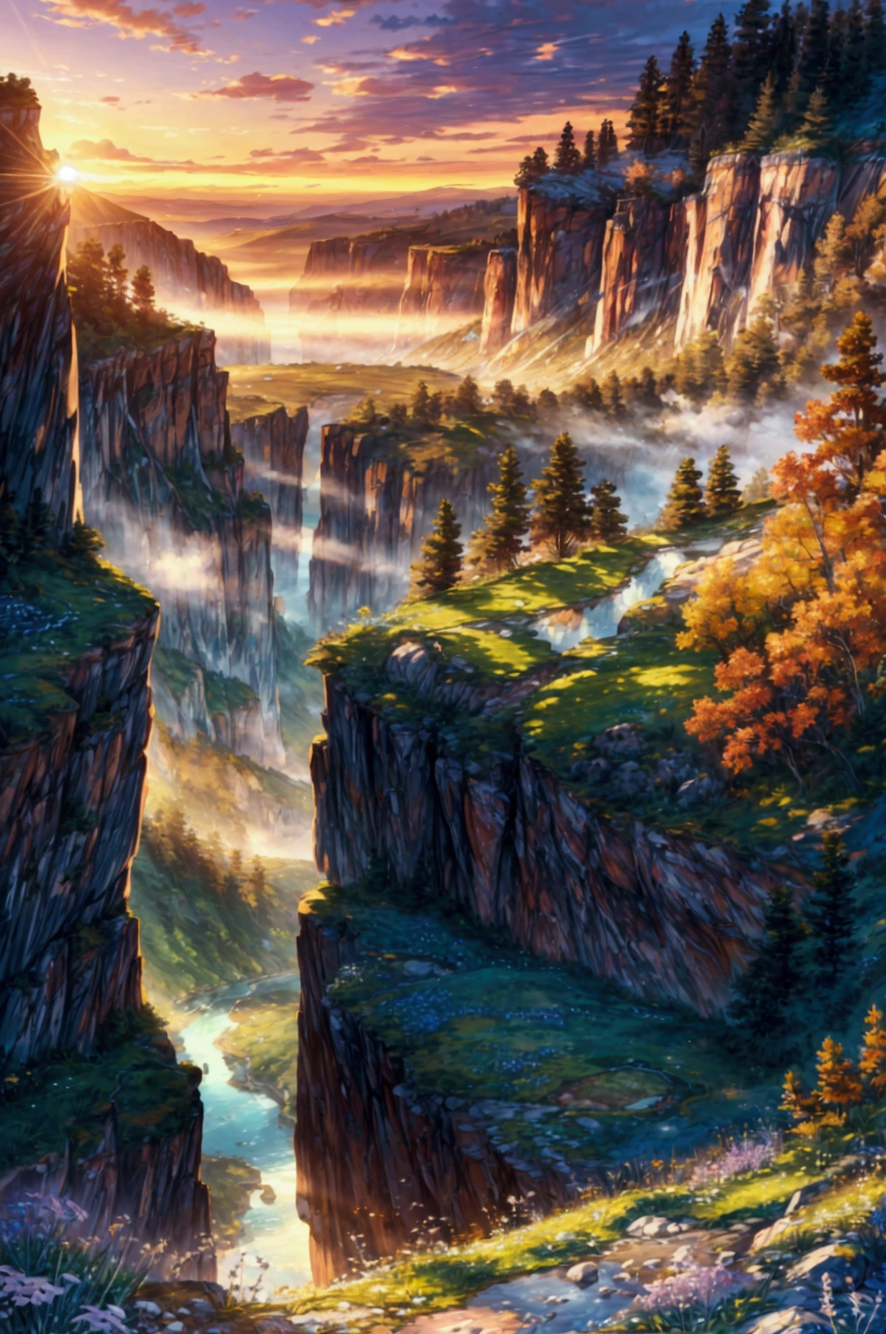 A breathtaking ultra-high-definition 4K digital painting capturing a stunning panoramic view from the edge of a towering cliff, overlooking a lush, serene valley below. The cliff is adorned with wildflowers and rugged, weathered rocks, adding texture and depth to the scene. Far below, a crystal-clear river winds through the valley, reflecting the golden hues of the setting sun. Majestic mountains rise in the distance, their peaks shrouded in a soft, ethereal mist. The sky above is a gradient of warm colors, transitioning from deep orange to soft lavender, with wispy clouds drifting lazily across the horizon. The entire landscape is bathed in the gentle glow of twilight, creating a peaceful and awe-inspiring atmosphere. Every detail is meticulously rendered, from the delicate petals of the wildflowers to the intricate patterns in the river below, making the painting a vibrant celebration of nature’s beauty as seen from this breathtaking vantage point