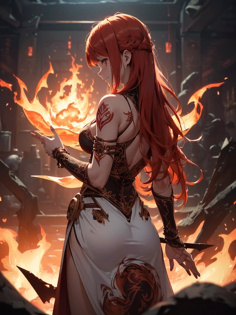 (((best quality, sharp image, clear image, cinematic lighting, 8k resolution, masterpiece, ultra detailed, intricate))) Girl, (((looking over left shoulder))), (shot from behind), fire mage, ((intricate background)), ((chaotic background)), red hair, smiling, ((flame runes, flame sigils)), (tatoo on back), slim figure, flying sigils, long dress, cute,
