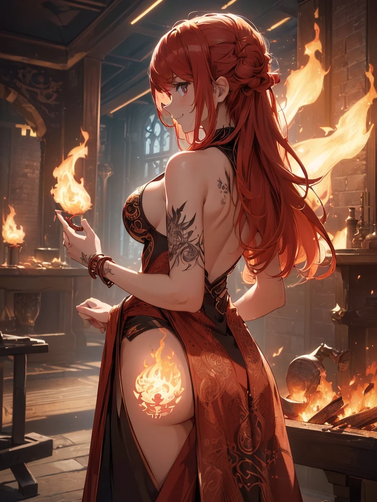 (((best quality, sharp image, clear image, cinematic lighting, 8k resolution, masterpiece, ultra detailed, intricate))) Girl, (((looking over left shoulder))), (shot from behind), fire mage, ((intricate background)), ((chaotic background)), red hair, smiling, ((flame runes, flame sigils)), (tatoo on back), slim figure, flying sigils, long dress, cute,