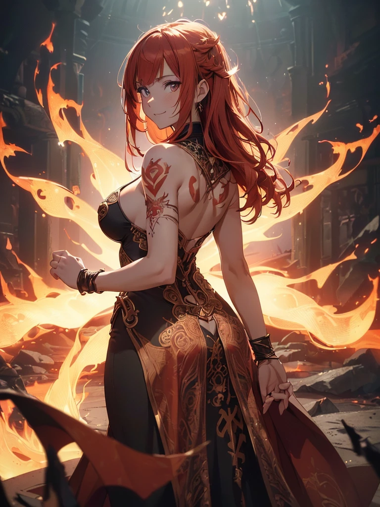 (((best quality, sharp image, clear image, cinematic lighting, 8k resolution, masterpiece, ultra detailed, intricate))) Girl, (((looking over left shoulder))), (shot from behind), fire mage, ((intricate background)), ((chaotic background)), red hair, smiling, ((flame runes, flame sigils)), (tatoo on back), slim figure, flying sigils, long dress, cute, 