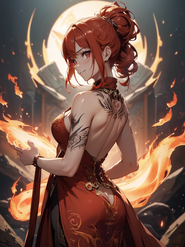 (((best quality, sharp image, clear image, cinematic lighting, 8k resolution, masterpiece, ultra detailed, intricate))) Girl, (((looking over left shoulder))), (shot from behind), fire mage, ((intricate background)), ((chaotic background)), red hair, smiling, ((flame runes, flame sigils)), (tatoo on back), slim figure, flying sigils, long dress, cute
