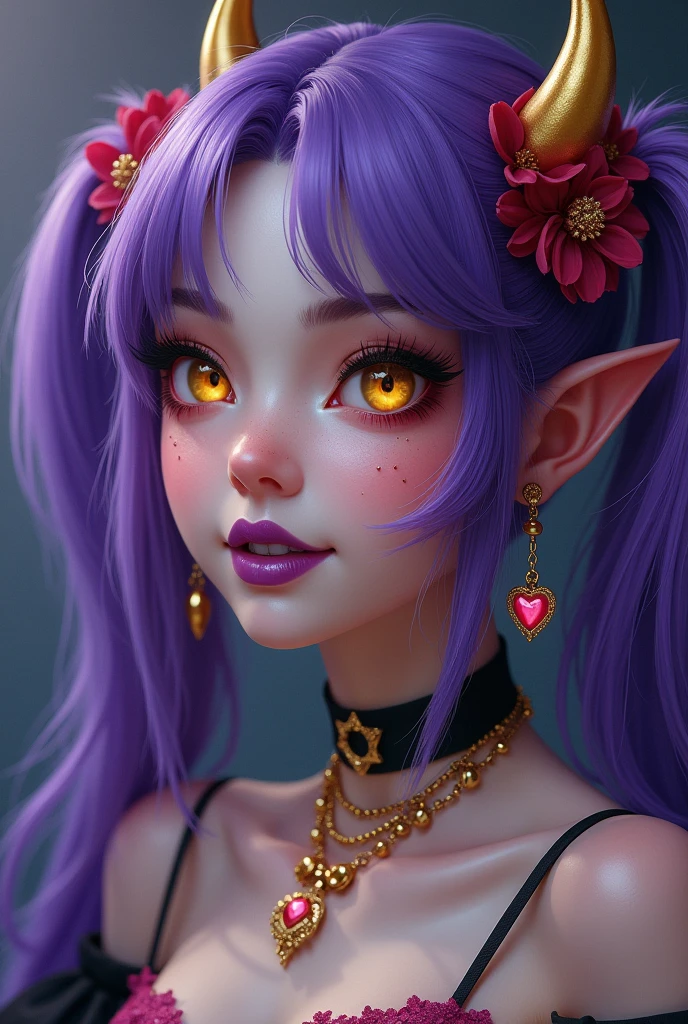 (majalis:1.2), (1girl, demonking, slit pupils, cherry hair ornament:1.1),(closeup:0.8), demon girl, earrings, eyelashes, eyeshadow, freckles, golden horns, hair ornament, smile, heart, horns, jewelry, lipstick, long hair, looking at viewer, makeup, piercing, pointy ears, purple hair, purple lips, solo, twintails, yellow eyes 