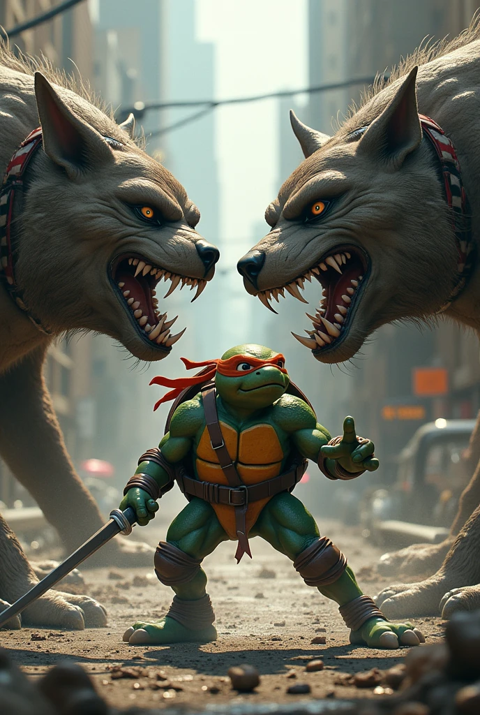 age Mutant Ninja Turtle running around two 3-headed mutant dogs