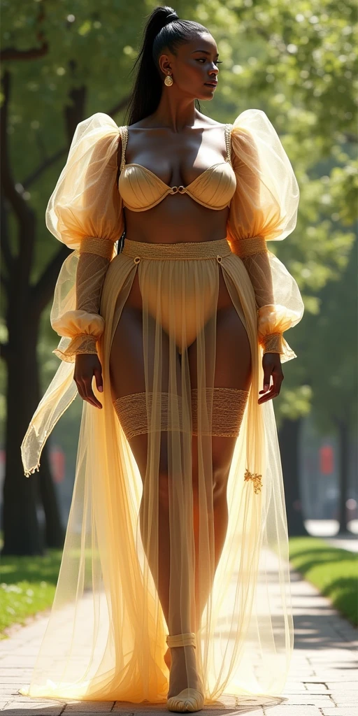 MASSIVE HIPS, tiny waist, MASSIVE BUTTOCKS, translucent (tan plastic) leg warmers + garters, UHD, She's a dark skin melanin Goddess, white translucent (HUGE intricate puffy intricate) sleeves skirt + scarf, park sidewalk, infinitely smallest waist, tiny paper-thin waistline, long mohawk fade, no nudity