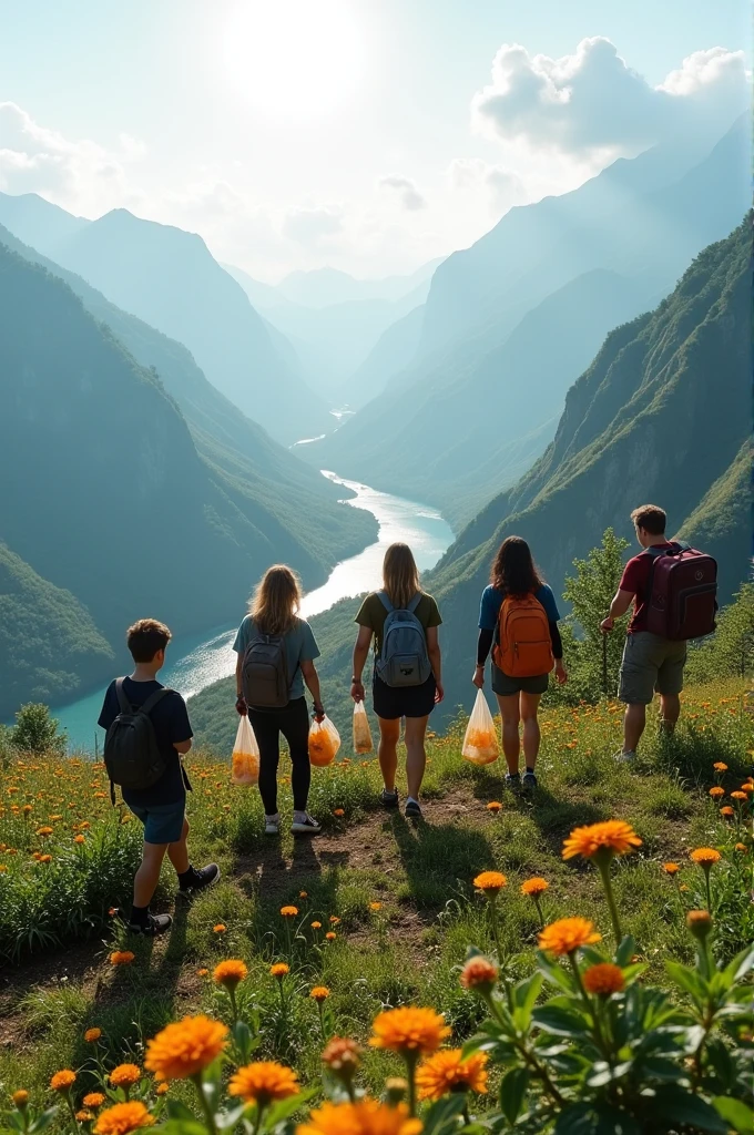 A group of friends are on a mountain, collecting trash and planting wildflowers. The landscape shows a beautiful panorama with green mountains and a clean river.. The sun illuminates the scene, highlighting the friends' dedication to environmental conservation.