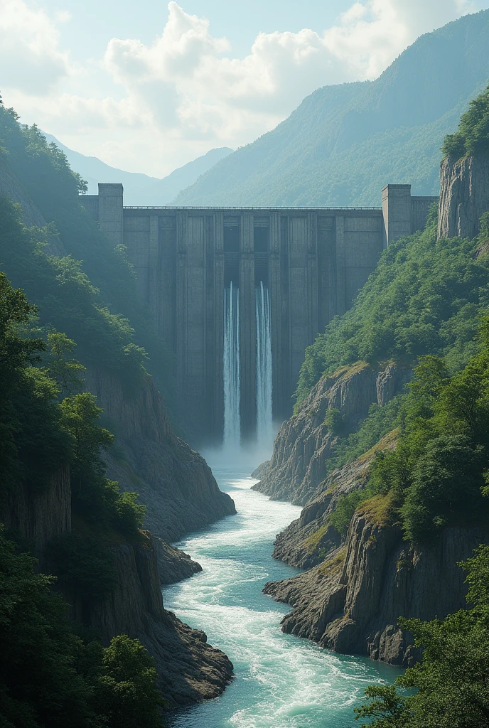 An image that shows a great work of engineering, like a hydroelectric dam on a river, highlighting how it alters the flow of water. You could include elements that represent the environmental impact, such as deforested areas or rivers with reduced flows.