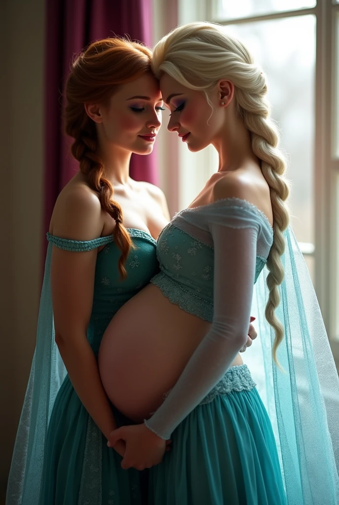 A stunning portrait of Anna holding Elsa, Elsa is pregnant, holding her belly, young and beautiful, hyper realistic, real portrait, backlit, exquisite features, cleavage, sexy, seductive, window, natural light, soft light