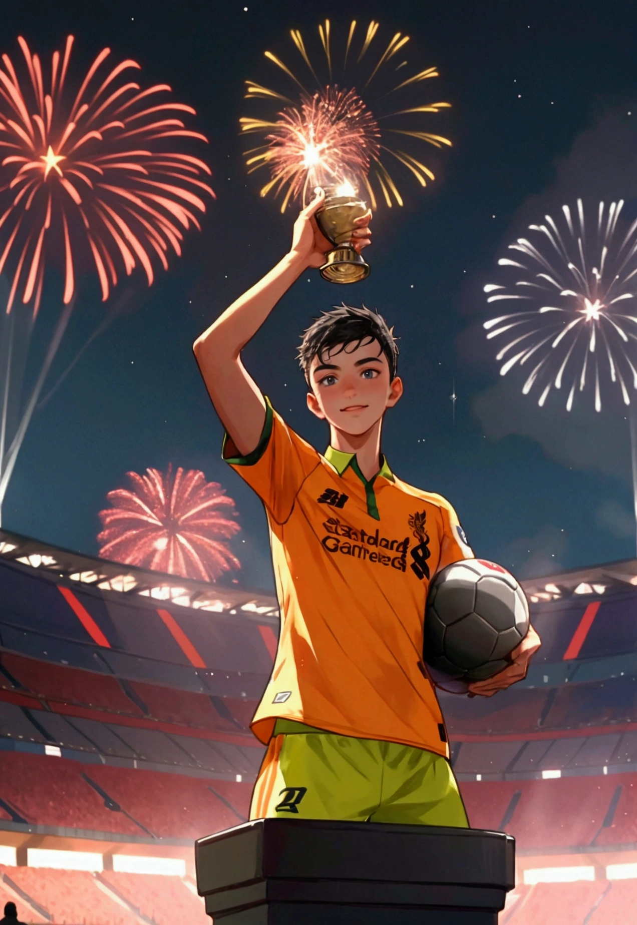 A young man in a soccer uniform stands on the podium at Wembley Stadium, holding the UEFA Europa League trophy. The scene is filled with vibrant celebration, with fireworks lighting up the night sky and the Liverpool team surrounding him in triumph.