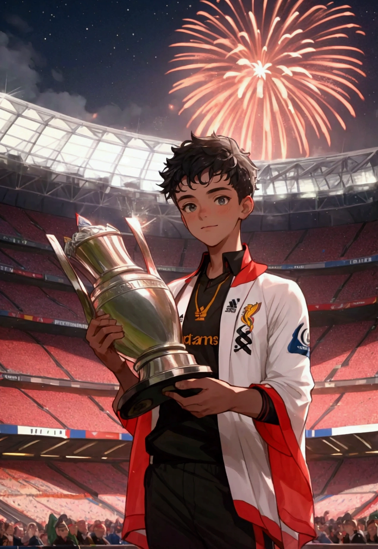 A young man in a soccer uniform stands on the podium at Wembley Stadium, holding the UEFA Europa League trophy. The scene is filled with vibrant celebration, with fireworks lighting up the night sky and the Liverpool team surrounding him in triumph.