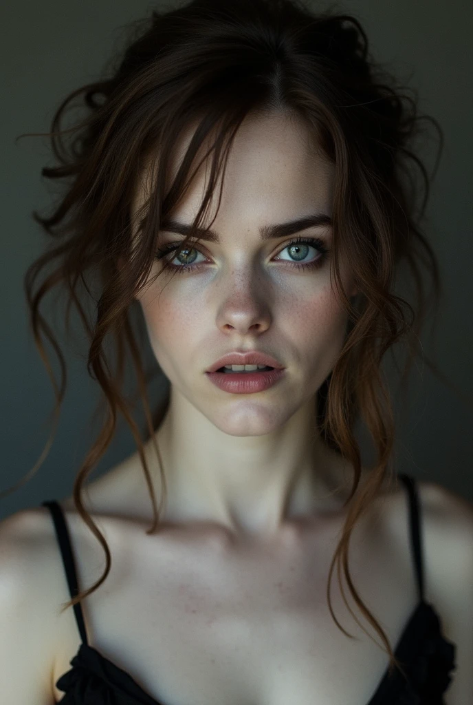 Emma Watson, nude, young, anorectic, pale skin, extremely beautiful, seductive, messy hair, sad gazes into camera, strong makeup, supermodel, sexy goth