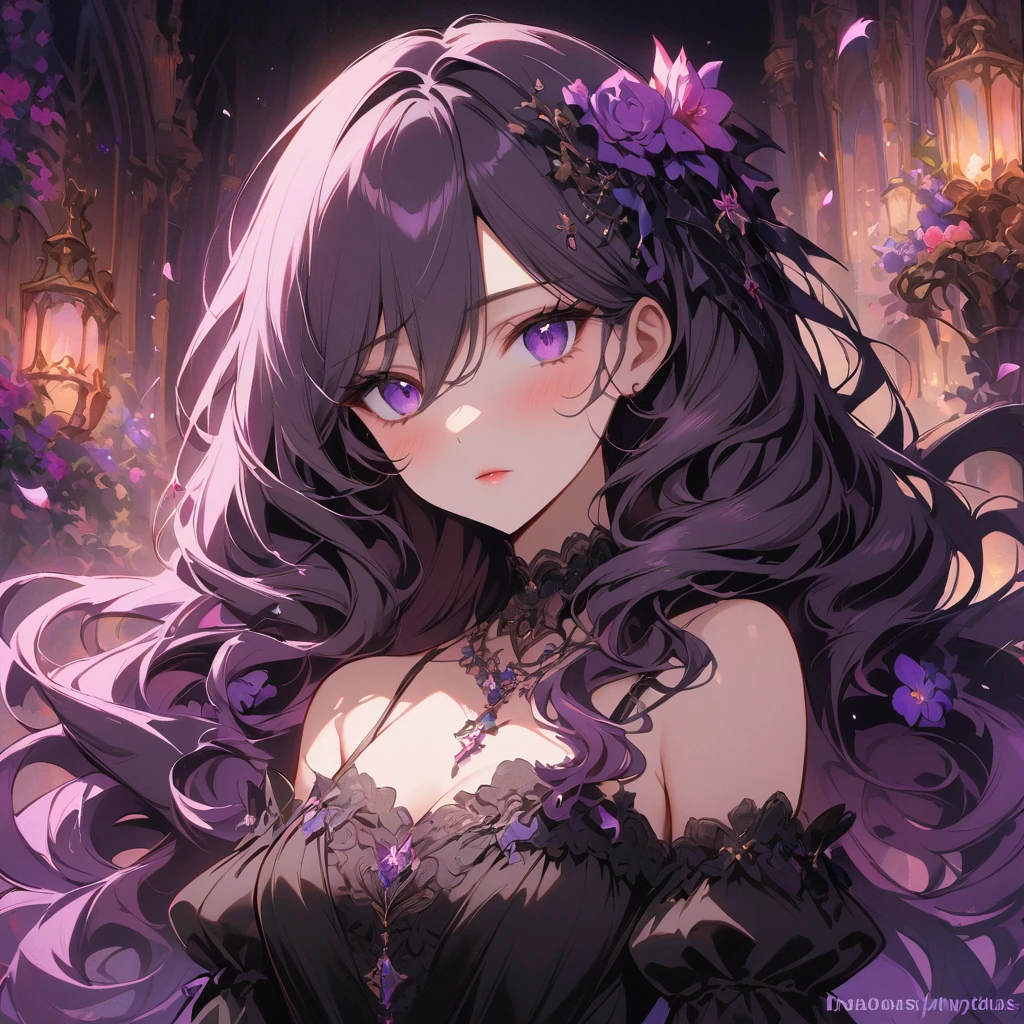 1girl, solo, long hair, blush, dress, purple eyes, jewelry, purple hair, looking at viewer, black dress, necklace, choker, hair ornament, bare shoulders, flower, detached sleeves, hair flower, breasts, artist name, puffy sleeves, black choker, upper body, hair between eyes, long sleeves, bangs, medium breasts, letterboxed, closed mouth, petals, very long hair, juliet sleeves