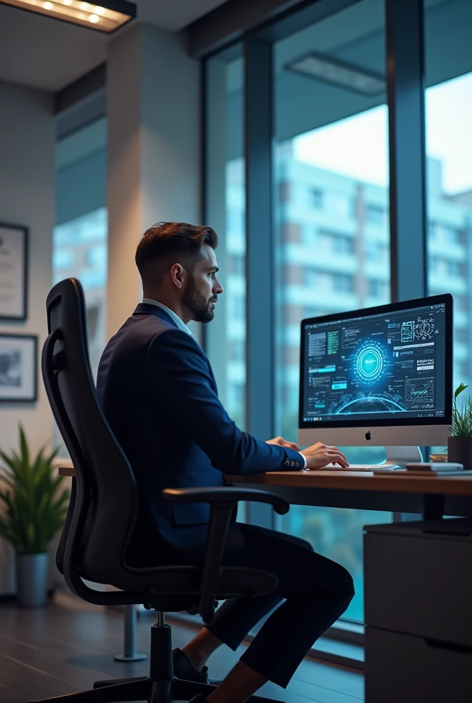 I want to creat an enterpronueral man sitting on his office and working on his computer which is it's visible what he works and it's platform says infinity power