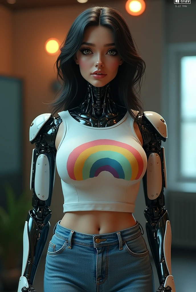 a robotic woman with beautiful detailed eyes,beautiful detailed lips,extremely detailed face,longeyelashes,tight jeans, cute rainbow t-shirt, big breasts, beautiful body,realistic,photorealistic,photo-realistic:1.37,(best quality,4k,8k,highres,masterpiece:1.2),ultra-detailed,(realistic,photorealistic,photo-realistic:1.37),cinematic lighting,dramatic lighting,intricate details,hyper realistic