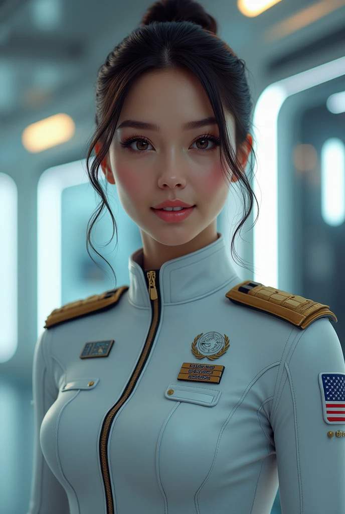 cute young american woman wearing united nation space command dress clothing hair in low bun
