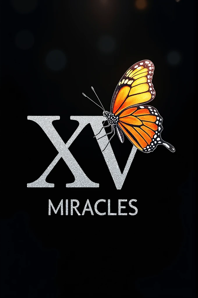 Make a fifteenth birthday card invitation with a black background that says miracles in silver glitter and the fifteen in Roman numerals with a butterfly posing on the number.