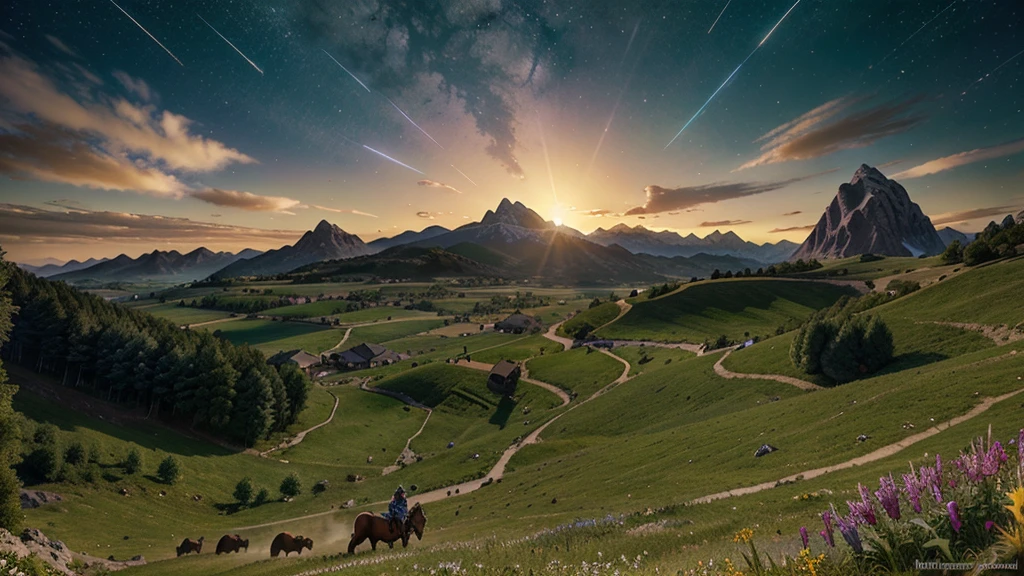 Fantasy landscape, pointed mountains, wide-open fields, shooting stars, sun set, See, World of Warcraft, village
