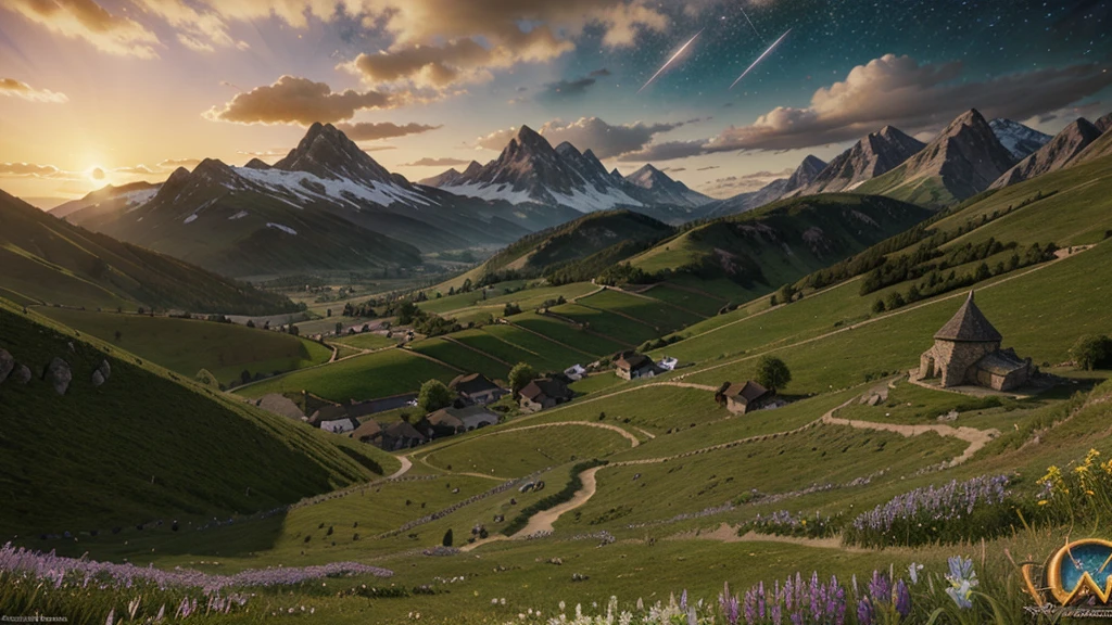 Fantasy landscape, pointed mountains, wide-open fields, shooting stars, sun set, See, World of Warcraft, village