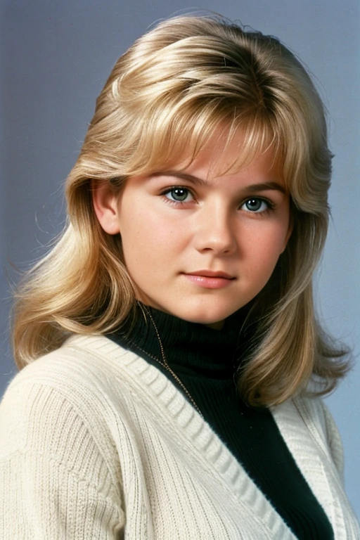 Medium view, of young aged, 16 year old, mom, gilf, milf, Svetlana Khodchenkova, face portrait, extreme russian features, slavic, chubby, long 1980s hair, blond hair, 1980s turtleneck sweater, in Small town 1980s,