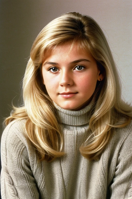 Medium view, of young aged, 16 year old, mom, gilf, milf, Svetlana Khodchenkova, face portrait, extreme russian features, slavic, chubby, long 1980s hair, blond hair, 1980s turtleneck sweater, in Small town 1980s,