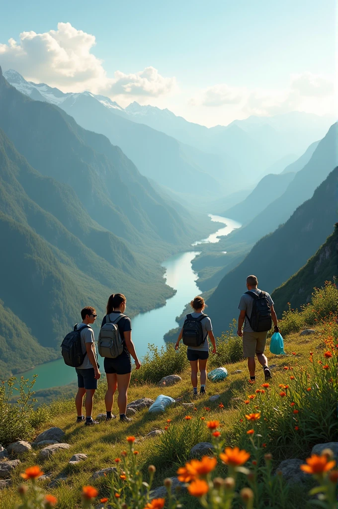 A group of friends are on a mountain, collecting trash and planting wildflowers. The landscape shows a beautiful panorama with green mountains and a clean river.. The sun illuminates the scene, highlighting the friends' dedication to environmental conservation. that is not realistic