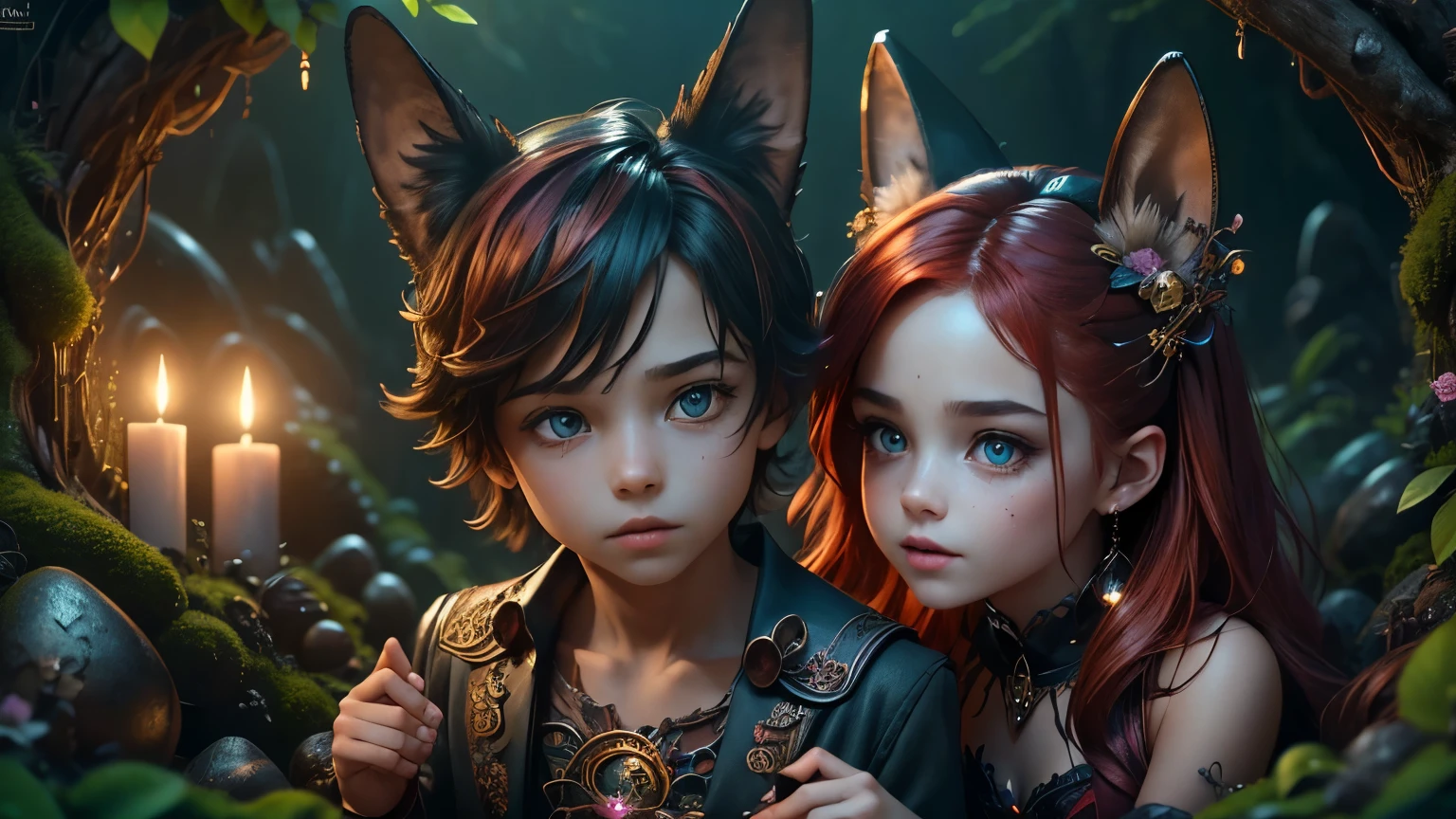 (Best Quality,4k,8k,High resolution,masterpiece:1.2),ultra detailed,(realist,photorealist,photo-realist:1.37),devil boy and girl holding hands,beautiful detailed eyes,beautiful detailed lips,Demonic atmosphere,Playful and mischievous expressions,dark and mysterious background,night atmosphere,gloomy lighting,sharp focus,dynamic poses,Whimsical and colorful illustrations,Creative Shading Techniques,fantasy art style,vivid colors,contrast between light and shadow,supernatural powers,Enchanted Forest,Outfits in dark tones,cute and mischievous facial features,Cartoonish but detailed representations,flaming red hair for the boy,long and loose hair for the girl,detailed and intricate accessories on their outfits,Magic sparks and sparkling effects around your hands,subtle hints of mischief in their expressions,Cheerful and mischievous atmosphere,amazing attention to detail,little devil horns on their heads,Curled tails wrapped around their hands,demonic wings,evil smiles,bright yellow eyes,dark and mysterious aura,Whimsical and dreamlike atmosphere,fantastic elements,Enchanted Forest as the backdrop,Playful interaction between boy and girl,expressive emotions,Imagination at its finest,Captivating and dynamic works of art,A celebration of the supernatural,unleashing its magical powers,creating a sense of wonder and adventure with every stroke,artistic interpretation of an otherworldly bond between a boy and a girl demons