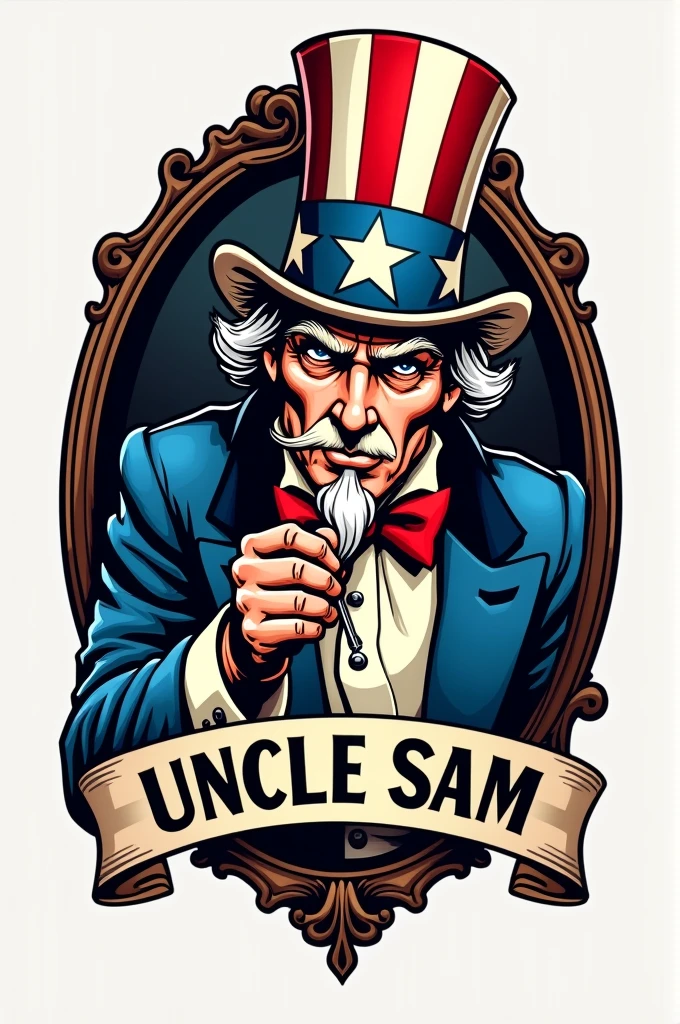 Create a logo called "Tio Sam Studio" The idea is to bring a mirror and Uncle Sam coming out of it as if he were tattooing someone and below the image the name of the company. Remembering that I want a logo for a professional tattoo studio, be more detailed with Uncle Sam
