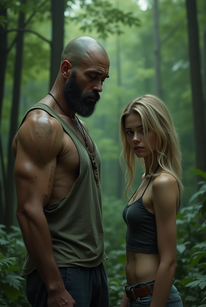 40 year man, sad, exhausted, tank top, muscle, runner, skin head, bearth, slim, brown eyes, forest, with small teen girl, she is blonde, in tank top, sexy