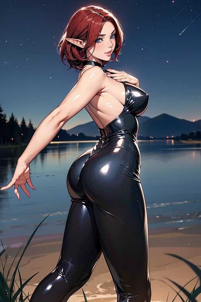 1girl, female elf, short red hair, blue eyes, curvy body, shines in a stunning black latex bodycon dress with a seductive plunging neckline, strapless, sleeveless, black high heels, standing in grassy field next to a starlit lake at night, hands resting on top of chest, full pouty lips, smile, pinup pose, looking back at viewer longingly, back view