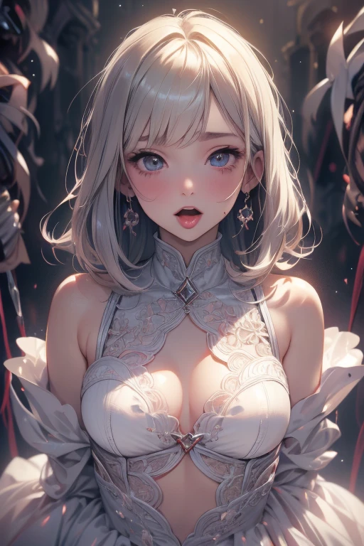 ((Highest quality)), ((masterpiece)), (detailed), A large amount:1.2),extremely detailed cute anime face, (((Flat Chest))), (Flat Chest:1.1),((((Short Bob Hair)))),Complex eyes,beautiful detailed eyes,Symmetrical eyes,(((detailed face))),beautiful detailed lips, If you look at this, (((Embarrassing))),(emotional expression),(My heart is pounding with anticipation.), A translucent white dress reveals her skin、A group of high school girls in string panties and long hair、Aboard, 、Open your mouth ,Heavy breathing ,Put your hand in front of your mouth,Put your hand in front of your mouth,