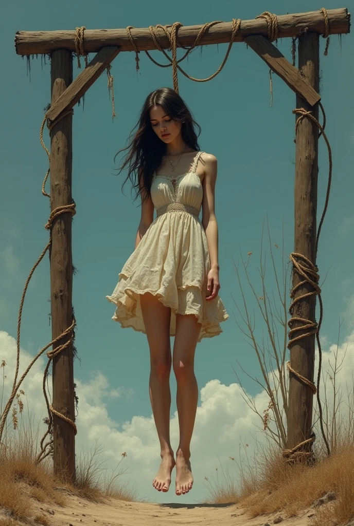 Dead girl, hanging, noose around neck, gallows, details, sunlight