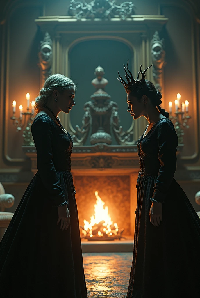 Create a scene of a queen and princess arguing, with a Tim Burton-style fireplace in the background