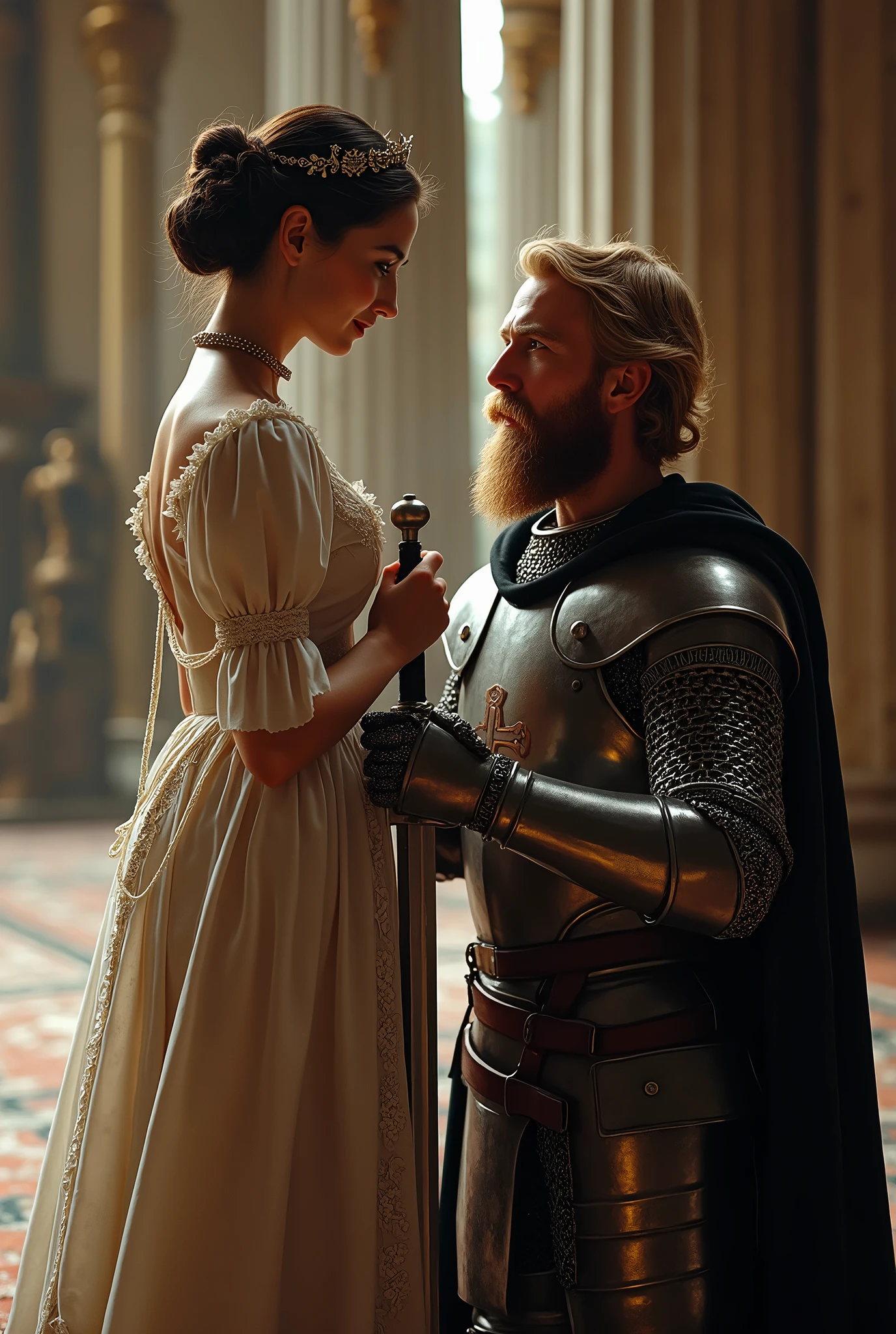 ((From above view:1.5)), The queen places her sword on the kneeling Teutonic Knights shoulder,  Acored, (1 woman and 1 man is existence),  front view, Full-body, 13 century, Germany,  White girl, Germany queen, 30 age-old, (dark brown hair, hair bun, little lip, little smile ) (tiara, earring), (middle  breasts,  slender whist, middle  hip), slender body,(ancient old fashion, courtly romance), hands hold Crusader sword, sword put on knight shoulder,  on floor, standing palace in Teutonic, (Germany, 40 age-old, gold hair, long hair, beard, mustache, Serious),Cover the whole body in armor, ((He wears a cloak with a black cross on his chest)), black croak,   kneeling , down head, (masterpiece, Highest quality, masterpiece, God-like quality, Godly art, Very realistic),