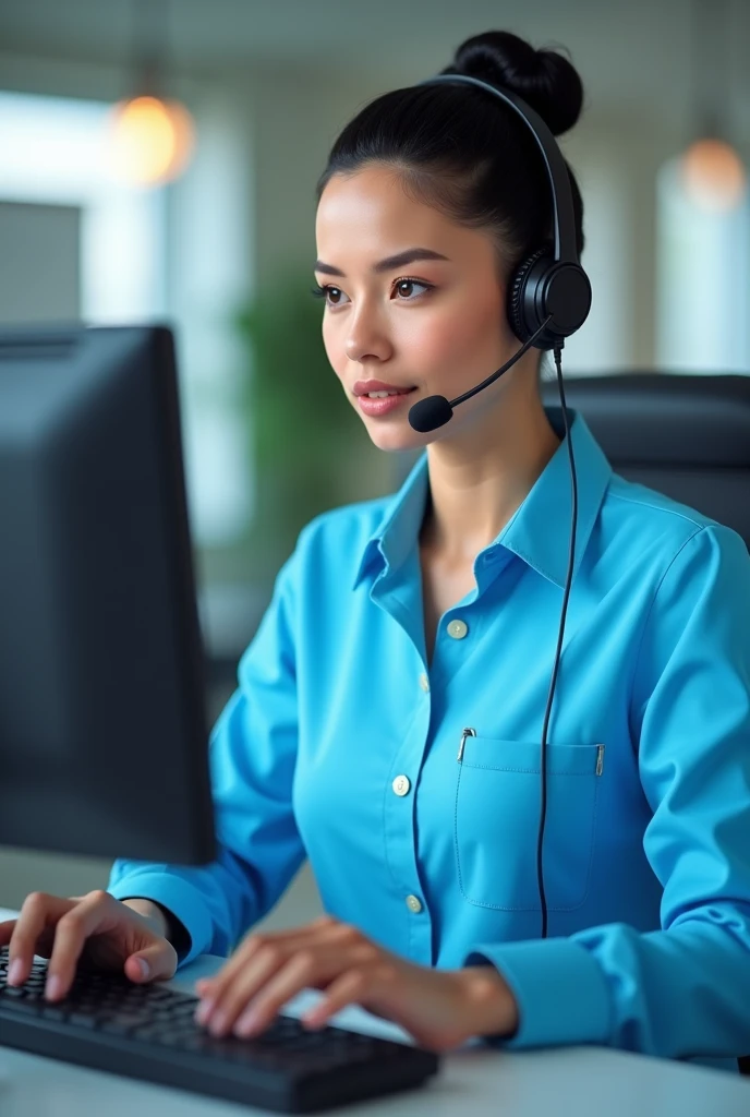 Lady with headphones and microphone wearing a full sky blue customer service shirt answering a call, sharp image, hair with bun typing on the keyboard playing her headphone with black hair looking at us
