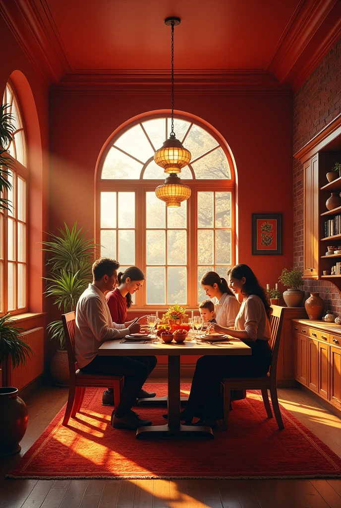 Dining room with red and orange colors 
