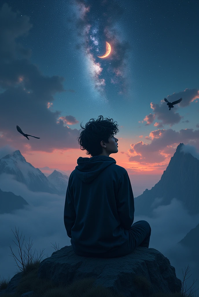 (photorealism:1.2), a 25 year old boy with wavy hair sitting on the top of a mountain, wearing black.hoodie, hair is flowing in wind,looking at the sky, birds are on the tree, sky full of.stars,broken star, boy is looking at the broken stars, nebula on the sky, half moon, romantic weather, dark environment, view from back