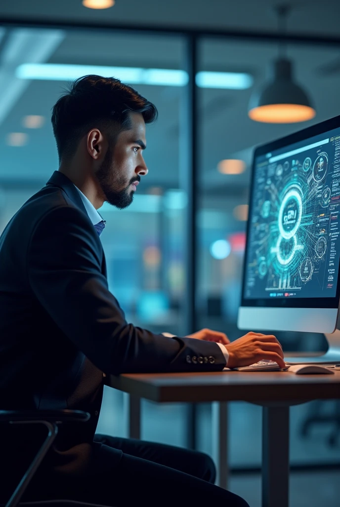I want to creat an enterpronueral man sitting on his office and working on his computer which is it's visible what he works and it's platform Clearly have an infinity power logo