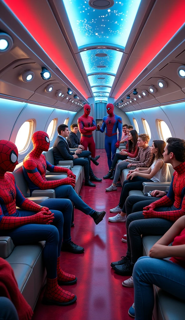 The inside of the plane, with a Spider-Man themed decoration,, armchairs, red and blue floor and ceiling displaying cutting-edge technology and luxurious comfort. We see several Spider-Men from different universes with different colored uniforms talking and having fun with human passengers., children, adolesecnets, adults.]