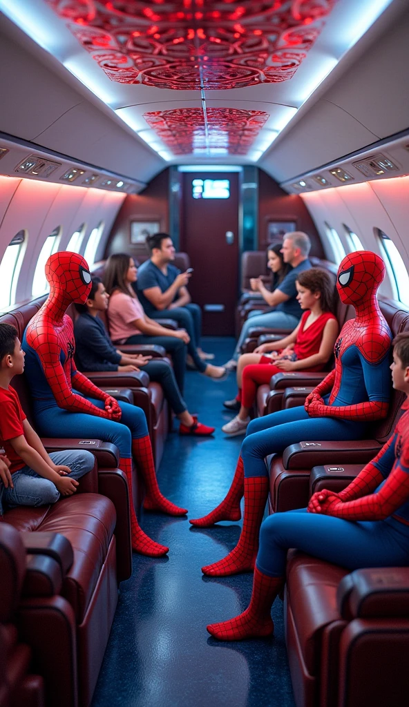 The inside of the plane, with a Spider-Man themed decoration,, armchairs, red and blue floor and ceiling displaying cutting-edge technology and luxurious comfort. We see several Spider-Men from different universes with different colored uniforms talking and having fun with human passengers., children, adolesecnets, adults.]