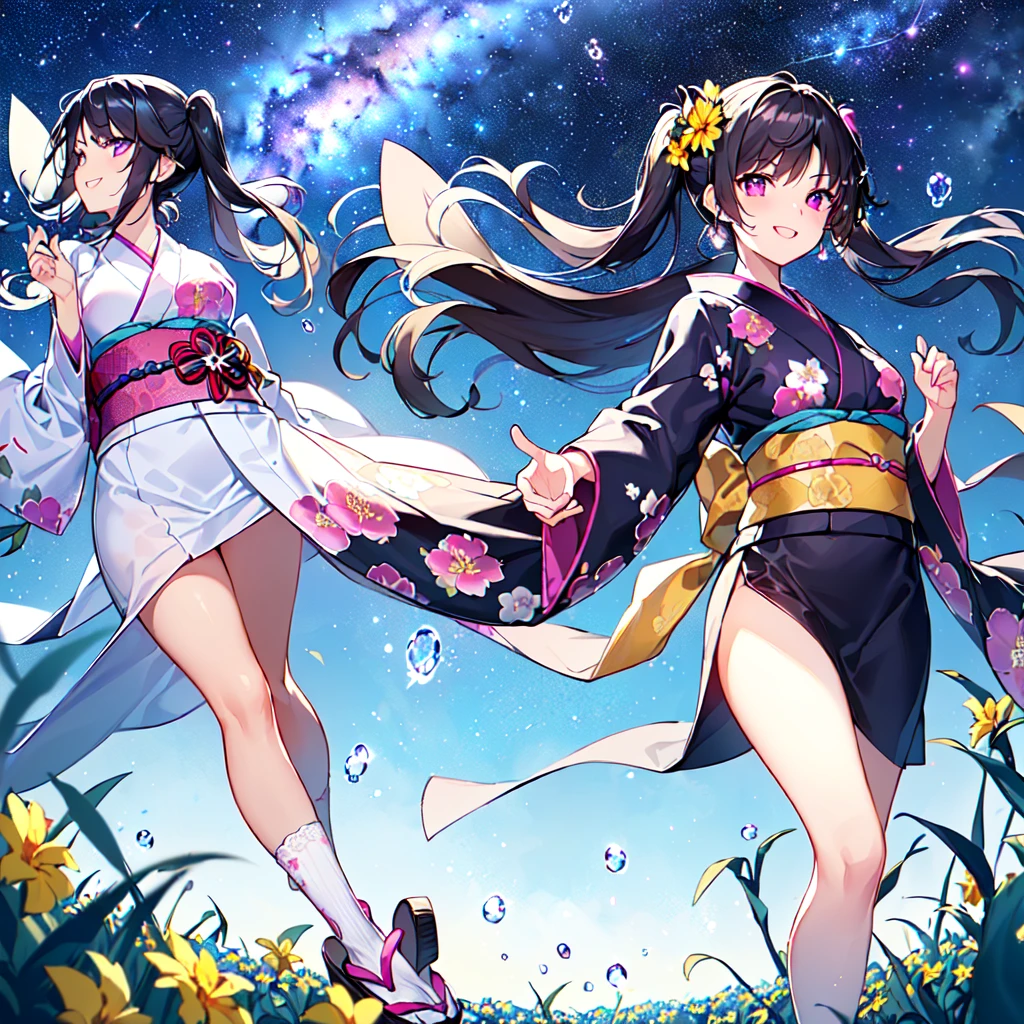 masterpiece, best quality, high quality, extremely detailed, very delicate and beautiful, (1 female 1 solo:1.5), (long black hair up to waist with two side up:1.5), bangs to eyebrows, eyes (eyes sharp, strong and glossy, eyebrows glossy, (eye color magenta: 1.3), 6.5 head height, (kimono fashion with dewdrops and flowers print: 1.3), knee socks, lace, frills, (smiling), (running: 1.3), (dynamic pose), (background dayflower dewdrops and flowers field summer: 1.3), (blue sky: 1.3,(Milky Way Night Sky:1.3)