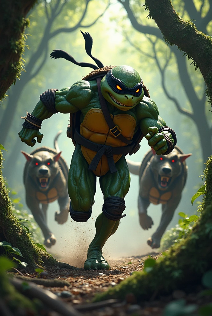 Ninja turtle running surrounded by two Cerberus In a forest