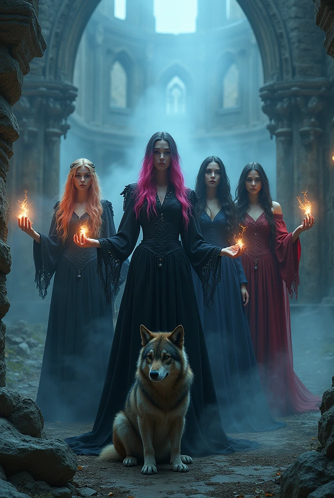 realistic group of 5 gothic sorceresses, ultra-sexy, colorful hair, casting spells, wolf at their feet, ruined castle, mist, (best quality,4k,8k,highres,masterpiece:1.2),ultra-detailed,(realistic,photorealistic,photo-realistic:1.37),dark fantasy,dramatic lighting,moody atmosphere,chiaroscuro,cinematic,intricate details,vivid colors,dramatic poses