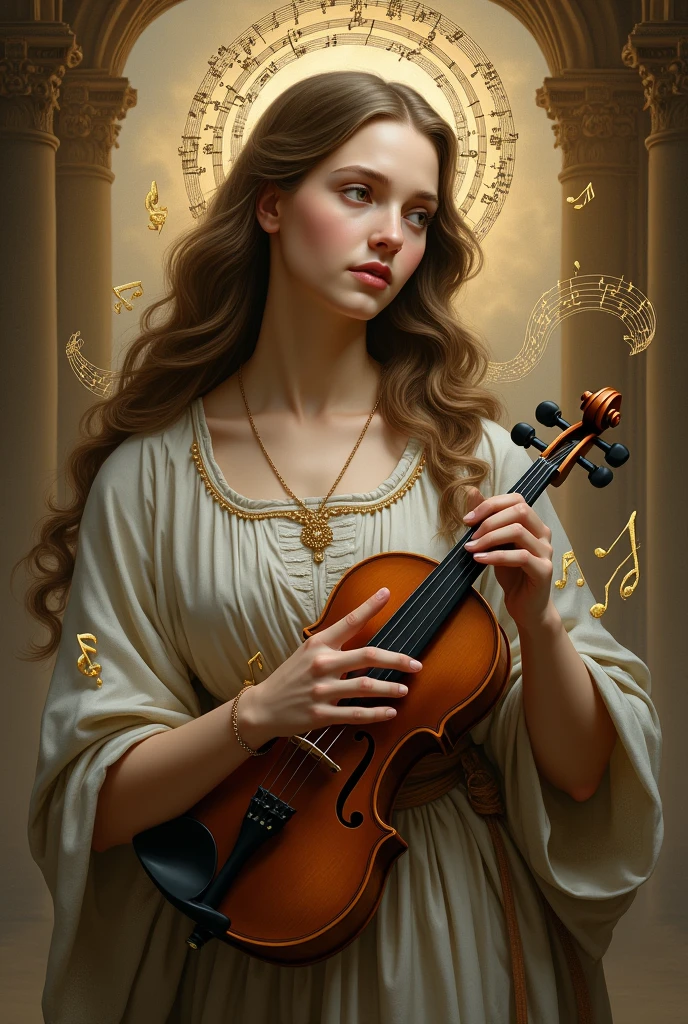 Saint Cecilia with a violin in her hand with musical notes around her