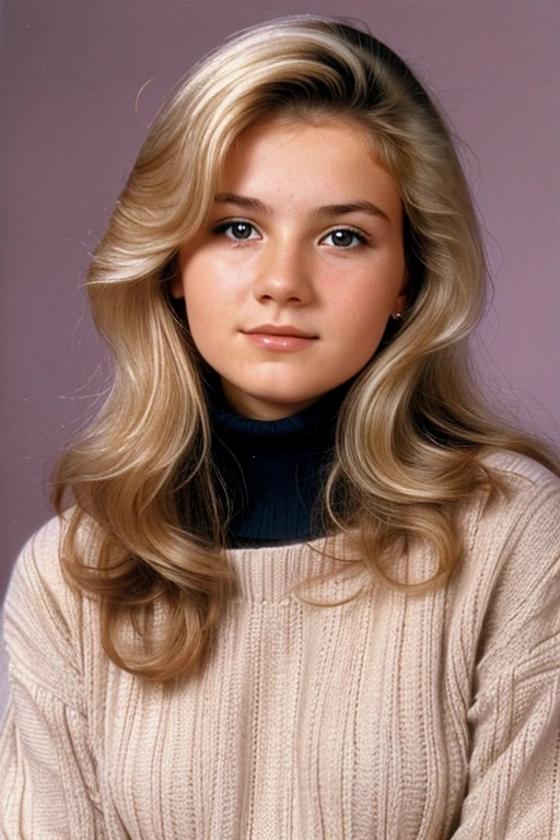 Medium view, of young aged, 16 year old, mom, gilf, milf, Maria Mironova, face portrait, extreme russian features, slavic, chubby, long 1980s hair, blond hair, 1980s turtleneck sweater, in Small town 1980s,
